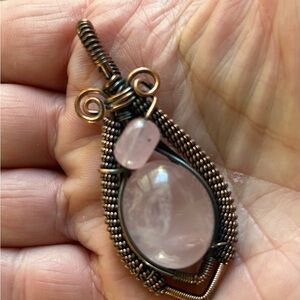 New Handmade rose Quartz Teardrop Pendant in Copper Wire